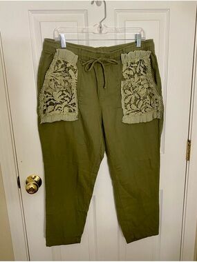 Old Navy Upcycled Olive Capris Hand Sewn Crochet Pocket Drawstring Pants.